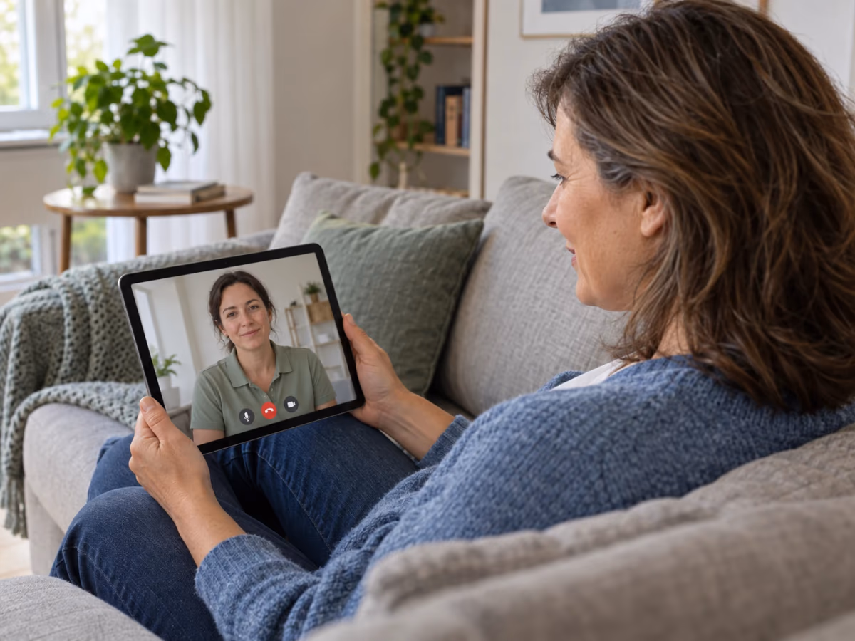 KI-generiertes Symbolbild. Eine Frau sitzt auf dem Sofa und spricht per Tablet mit einer Begleiterin, die auf dem Bildschirm zu sehen ist