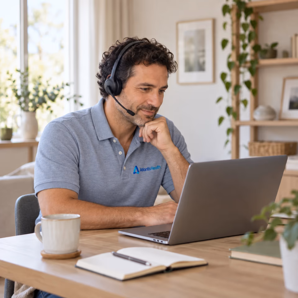 KI-generiertes Symbolbild. Ein Coach mit Headset im Gespräch am Laptop